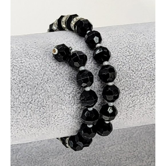 Black Glass Round Faceted Beaded Necklace and Bracelet Set Vintage Glam LI320 - Picture 9 of 9